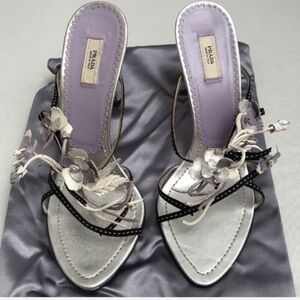 Neiman Marcus 95th anniversary Prada silver metallic and black floral heels